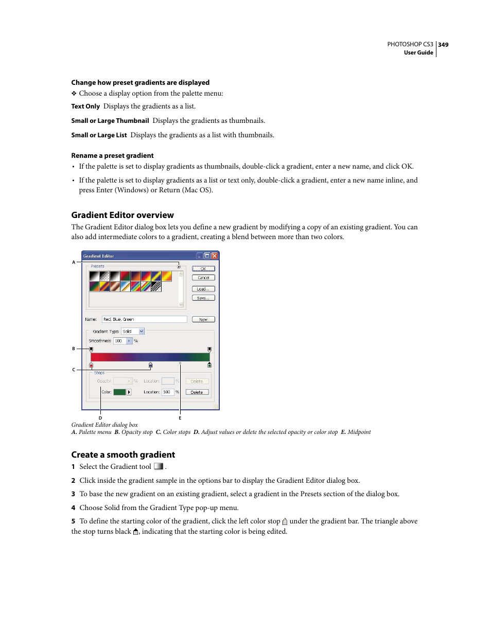 Gradient editor overview, Create a smooth gradient | Adobe Photoshop CS3 User Manual | Page 356 / 681