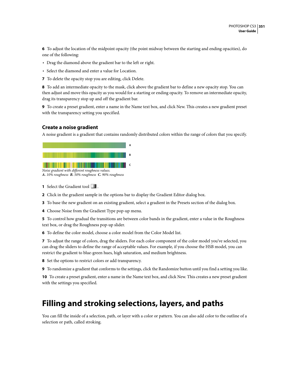 Create a noise gradient, Filling and stroking selections, layers, and paths | Adobe Photoshop CS3 User Manual | Page 358 / 681