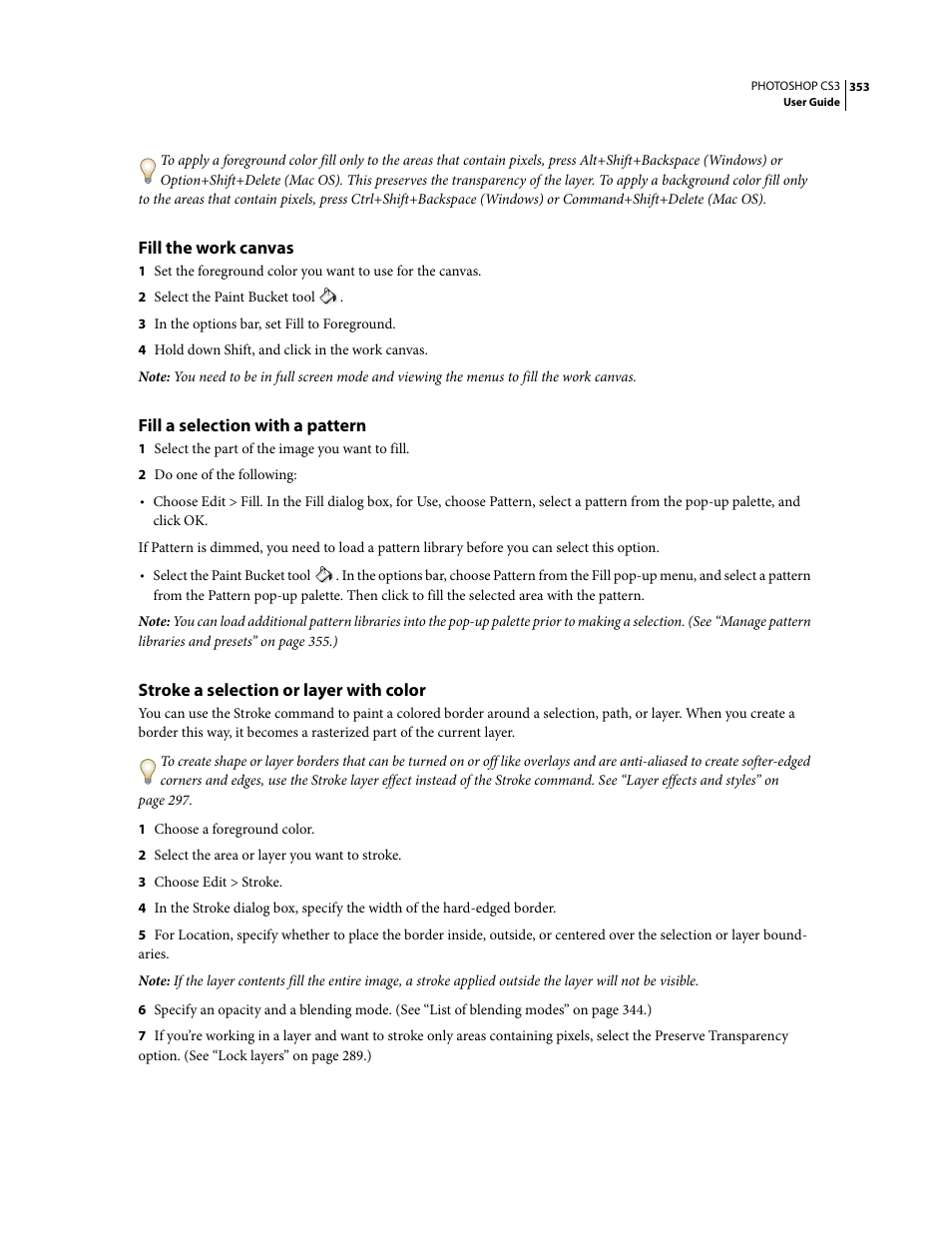 Fill the work canvas, Fill a selection with a pattern, Stroke a selection or layer with color | Adobe Photoshop CS3 User Manual | Page 360 / 681