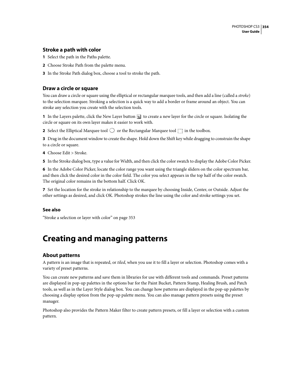 Stroke a path with color, Draw a circle or square, Creating and managing patterns | About patterns | Adobe Photoshop CS3 User Manual | Page 361 / 681