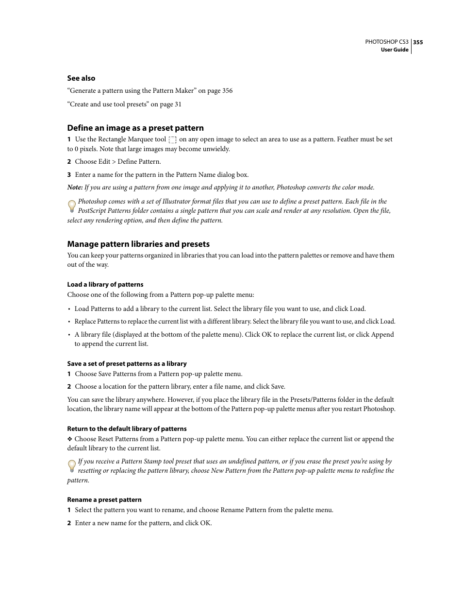 Define an image as a preset pattern, Manage pattern libraries and presets | Adobe Photoshop CS3 User Manual | Page 362 / 681