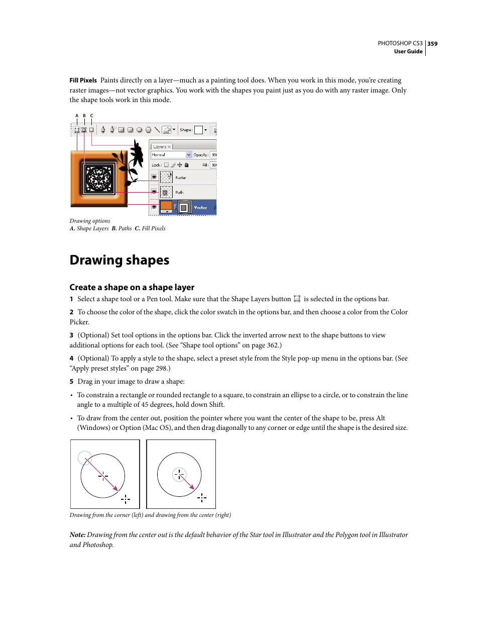 Drawing shapes, Create a shape on a shape layer | Adobe Photoshop CS3 User Manual | Page 366 / 681