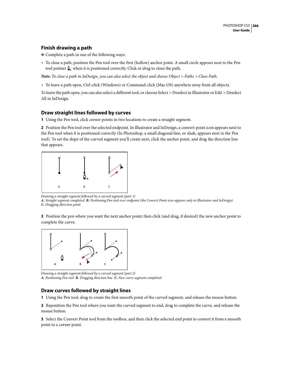 Finish drawing a path, Draw straight lines followed by curves, Draw curves followed by straight lines | Adobe Photoshop CS3 User Manual | Page 373 / 681