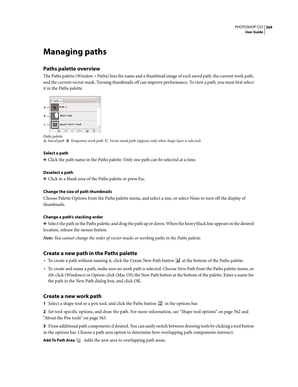 Managing paths, Paths palette overview, Create a new path in the paths palette | Create a new work path | Adobe Photoshop CS3 User Manual | Page 376 / 681