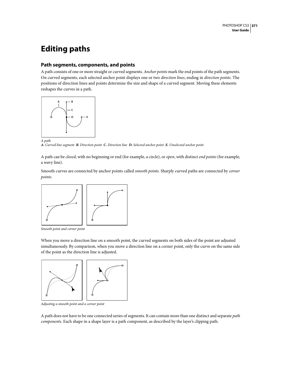 Editing paths, Path segments, components, and points | Adobe Photoshop CS3 User Manual | Page 378 / 681