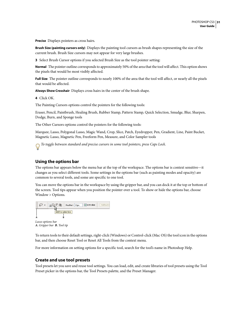 Using the options bar, Create and use tool presets | Adobe Photoshop CS3 User Manual | Page 38 / 681