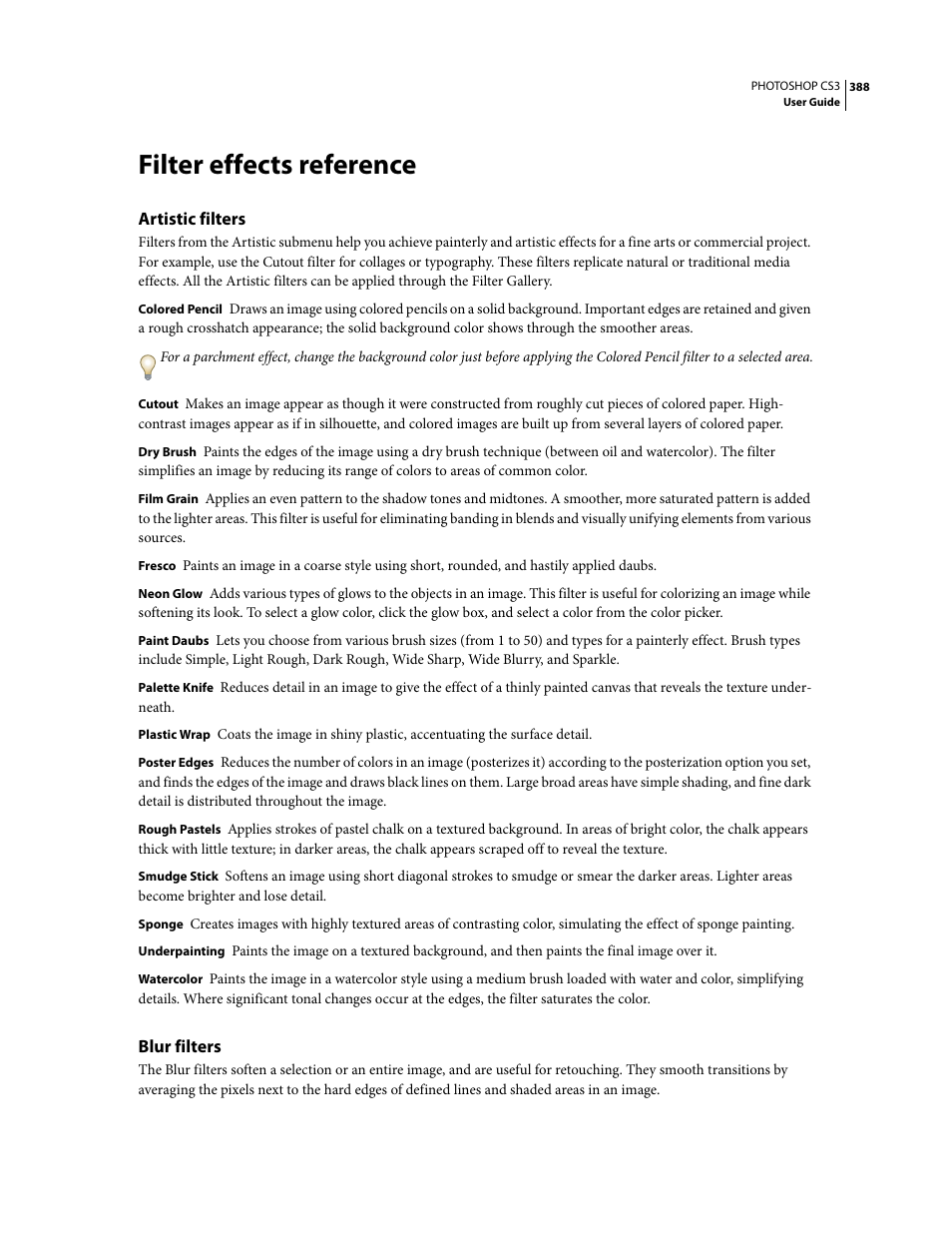 Filter effects reference, Artistic filters, Blur filters | Adobe Photoshop CS3 User Manual | Page 395 / 681