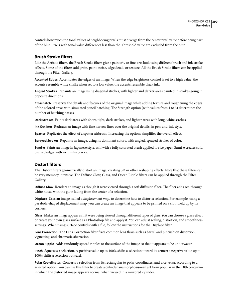 Brush stroke filters, Distort filters | Adobe Photoshop CS3 User Manual | Page 397 / 681