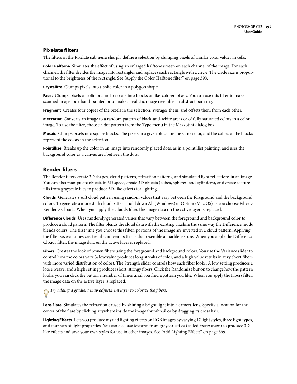 Pixelate filters, Render filters | Adobe Photoshop CS3 User Manual | Page 399 / 681