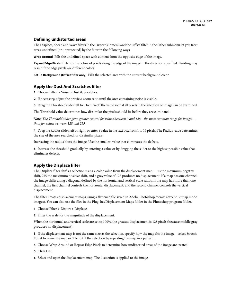 Defining undistorted areas, Apply the dust and scratches filter, Apply the displace filter | Adobe Photoshop CS3 User Manual | Page 404 / 681