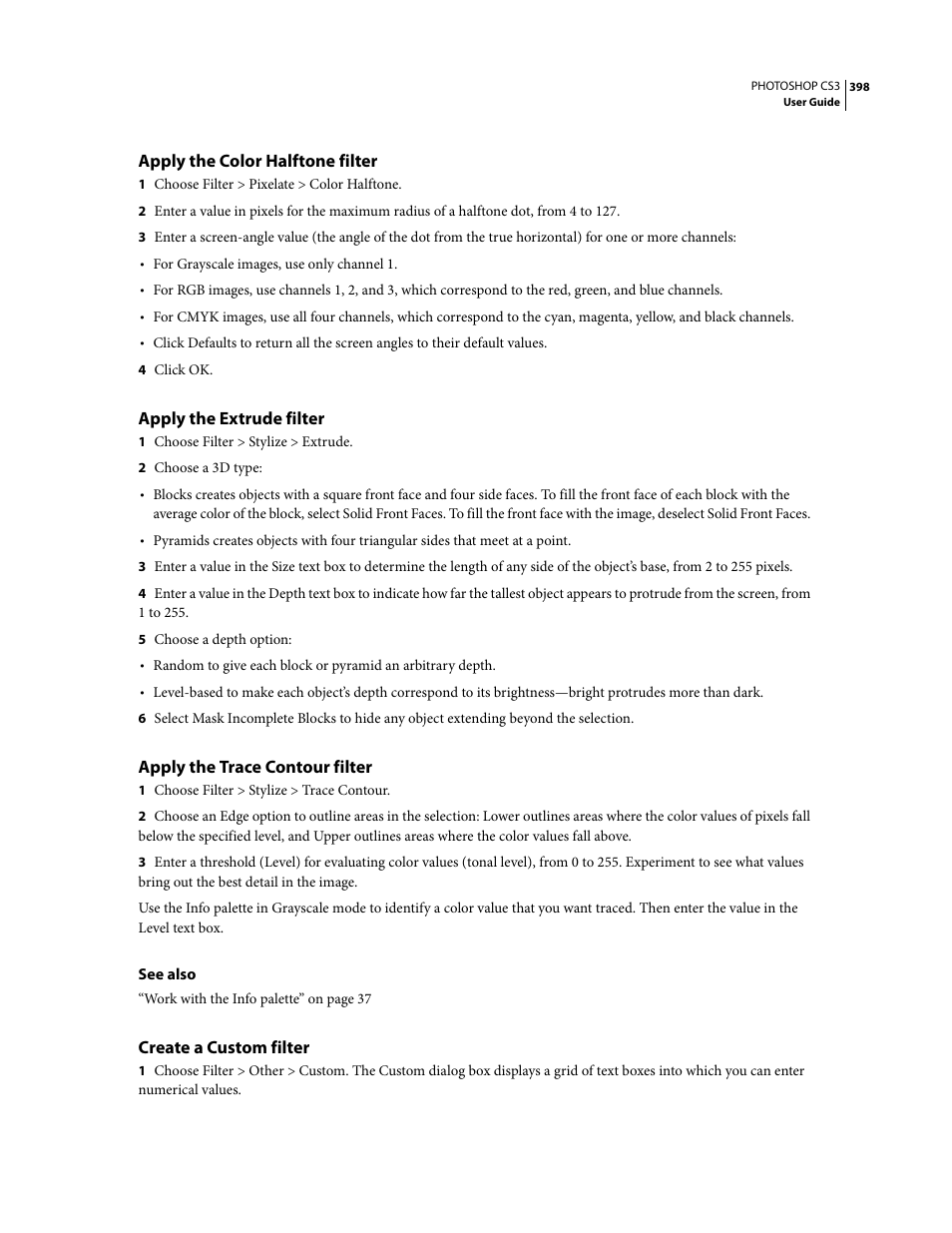 Apply the color halftone filter, Apply the extrude filter, Apply the trace contour filter | Create a custom filter | Adobe Photoshop CS3 User Manual | Page 405 / 681