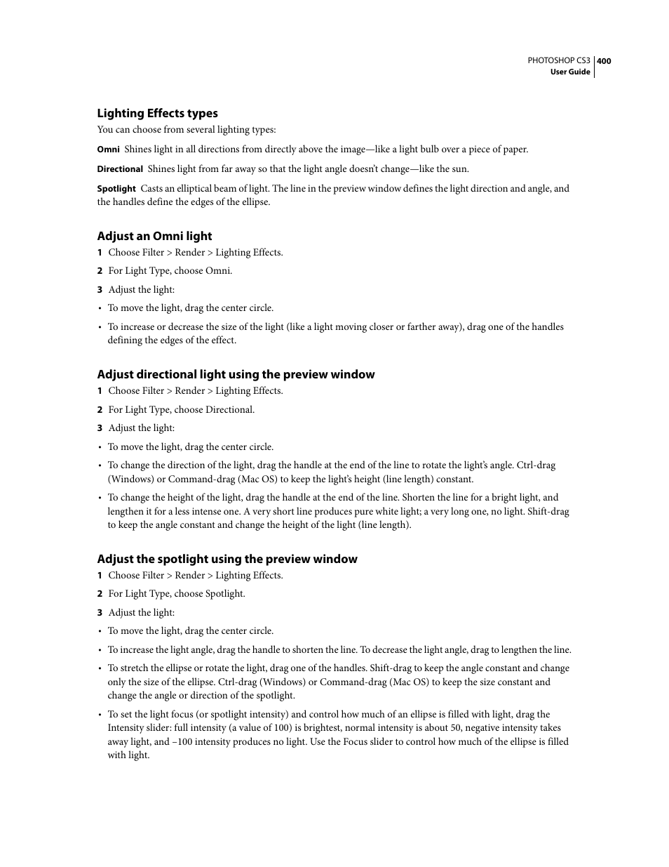 Lighting effects types, Adjust an omni light, Adjust directional light using the preview window | Adjust the spotlight using the preview window | Adobe Photoshop CS3 User Manual | Page 407 / 681