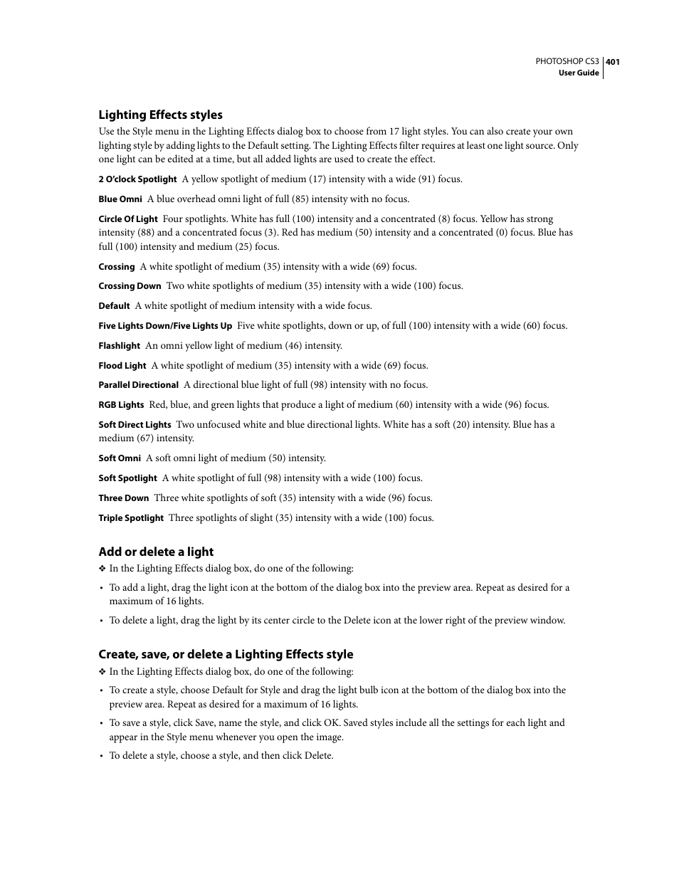 Lighting effects styles, Add or delete a light, Create, save, or delete a lighting effects style | Adobe Photoshop CS3 User Manual | Page 408 / 681