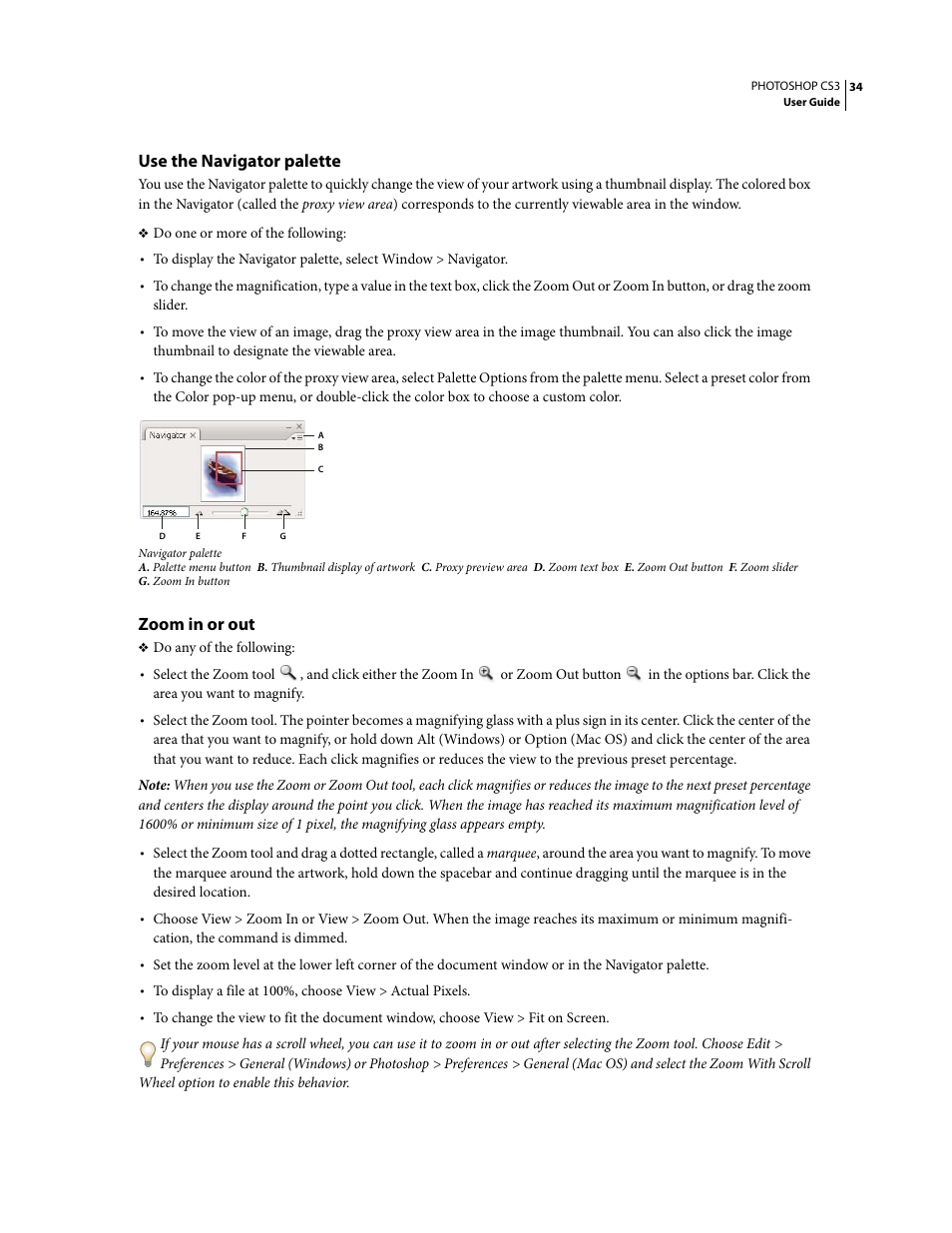 Use the navigator palette, Zoom in or out | Adobe Photoshop CS3 User Manual | Page 41 / 681