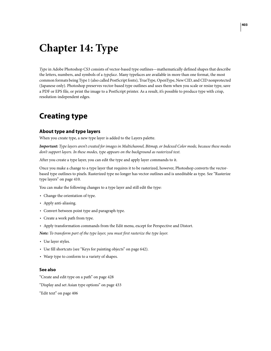 Chapter 14: type, Creating type, About type and type layers | Adobe Photoshop CS3 User Manual | Page 410 / 681