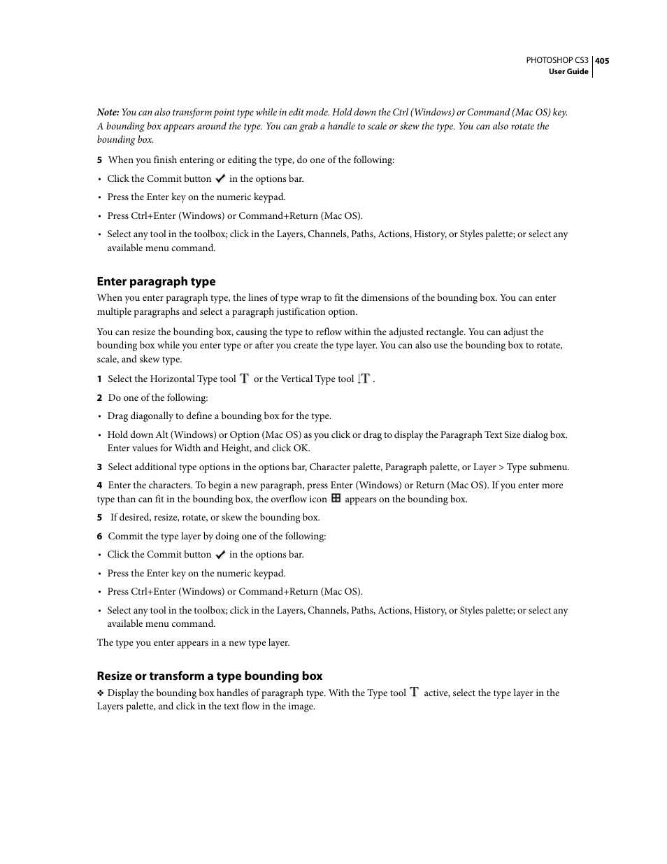 Enter paragraph type, Resize or transform a type bounding box | Adobe Photoshop CS3 User Manual | Page 412 / 681