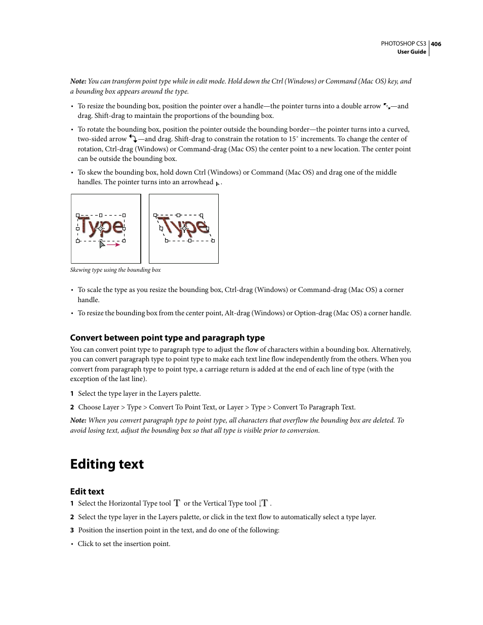 Convert between point type and paragraph type, Editing text, Edit text | Adobe Photoshop CS3 User Manual | Page 413 / 681