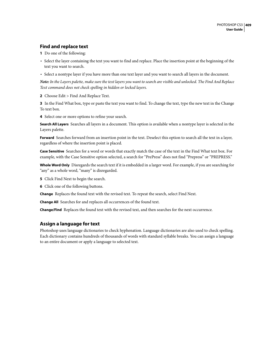 Find and replace text, Assign a language for text | Adobe Photoshop CS3 User Manual | Page 416 / 681