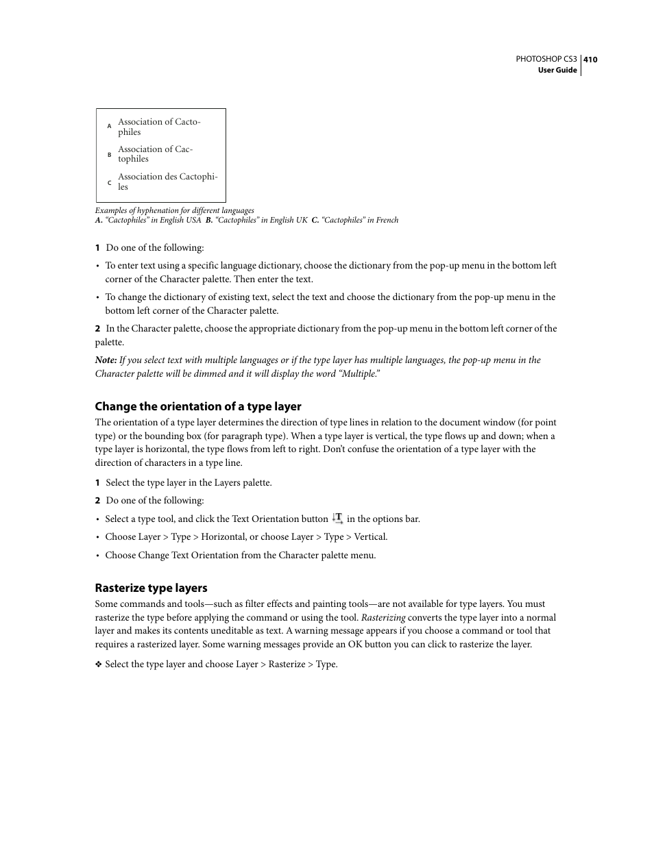 Change the orientation of a type layer, Rasterize type layers | Adobe Photoshop CS3 User Manual | Page 417 / 681