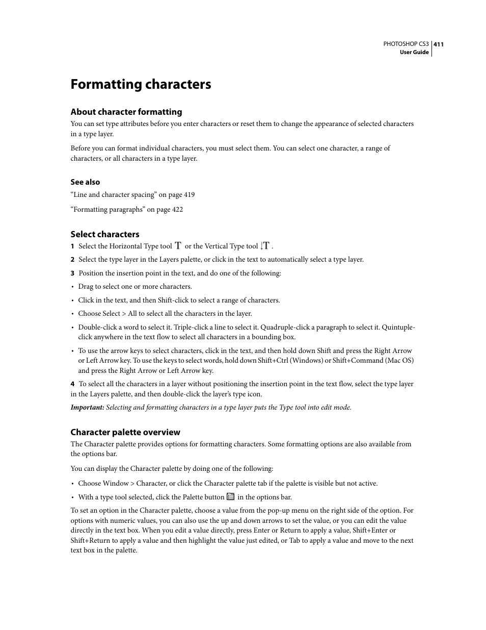 Formatting characters, About character formatting, Select characters | Character palette overview | Adobe Photoshop CS3 User Manual | Page 418 / 681