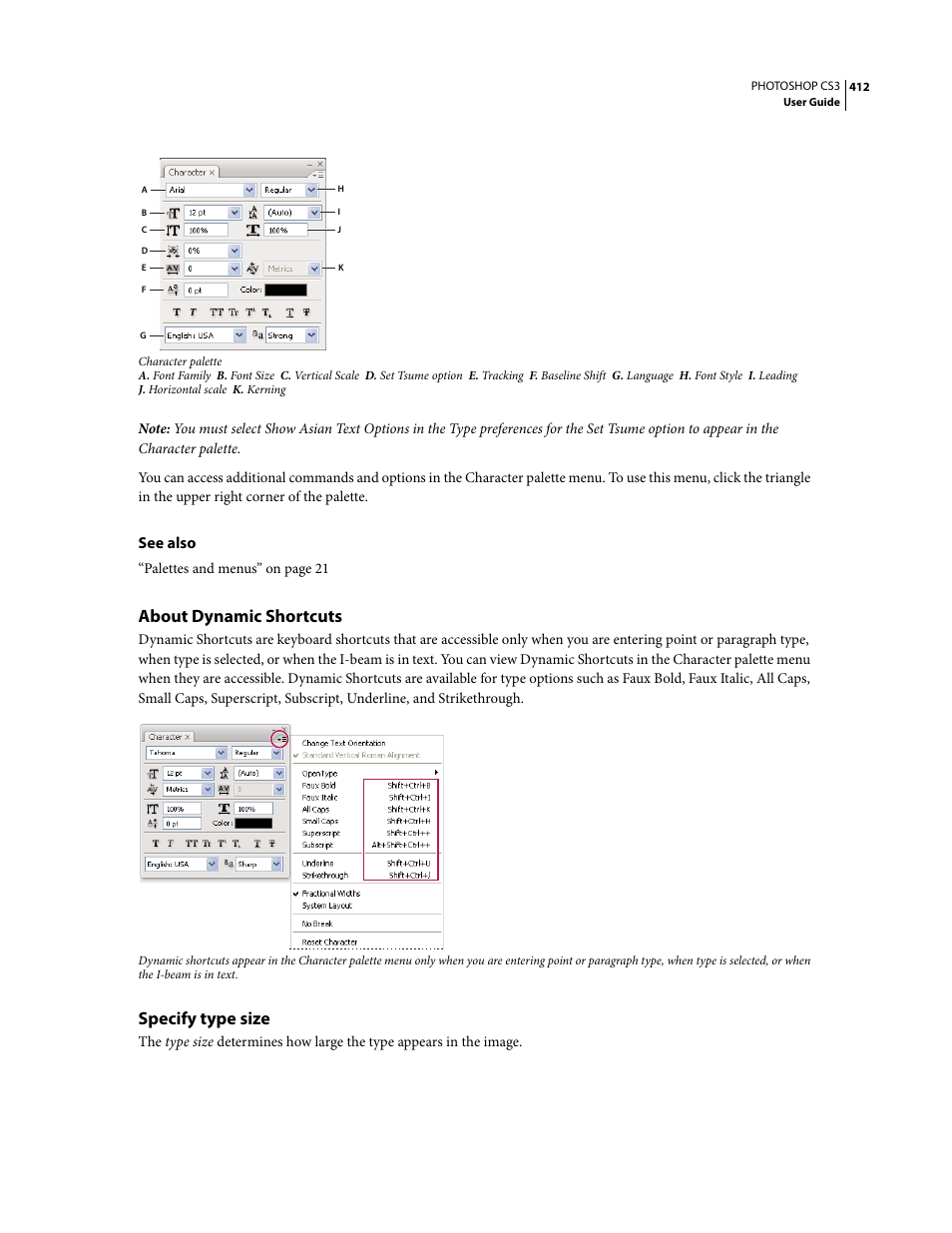 About dynamic shortcuts, Specify type size, See also | Adobe Photoshop CS3 User Manual | Page 419 / 681