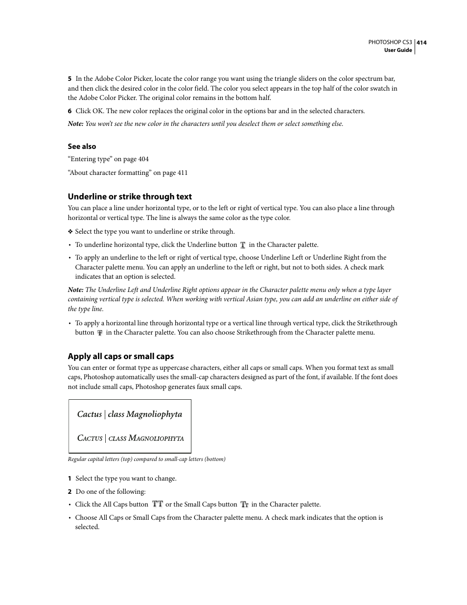 Underline or strike through text, Apply all caps or small caps | Adobe Photoshop CS3 User Manual | Page 421 / 681