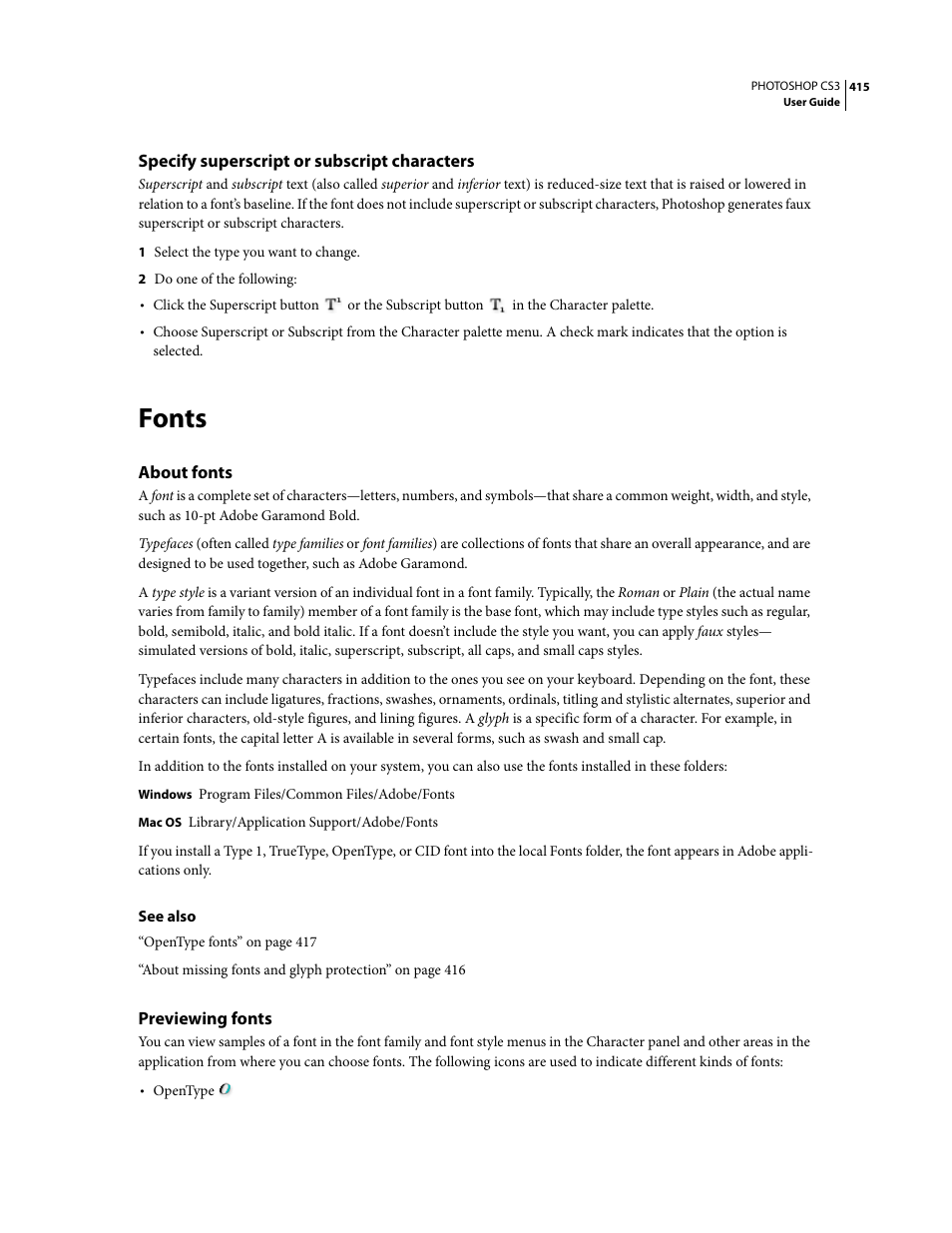 Specify superscript or subscript characters, Fonts, About fonts | Previewing fonts | Adobe Photoshop CS3 User Manual | Page 422 / 681