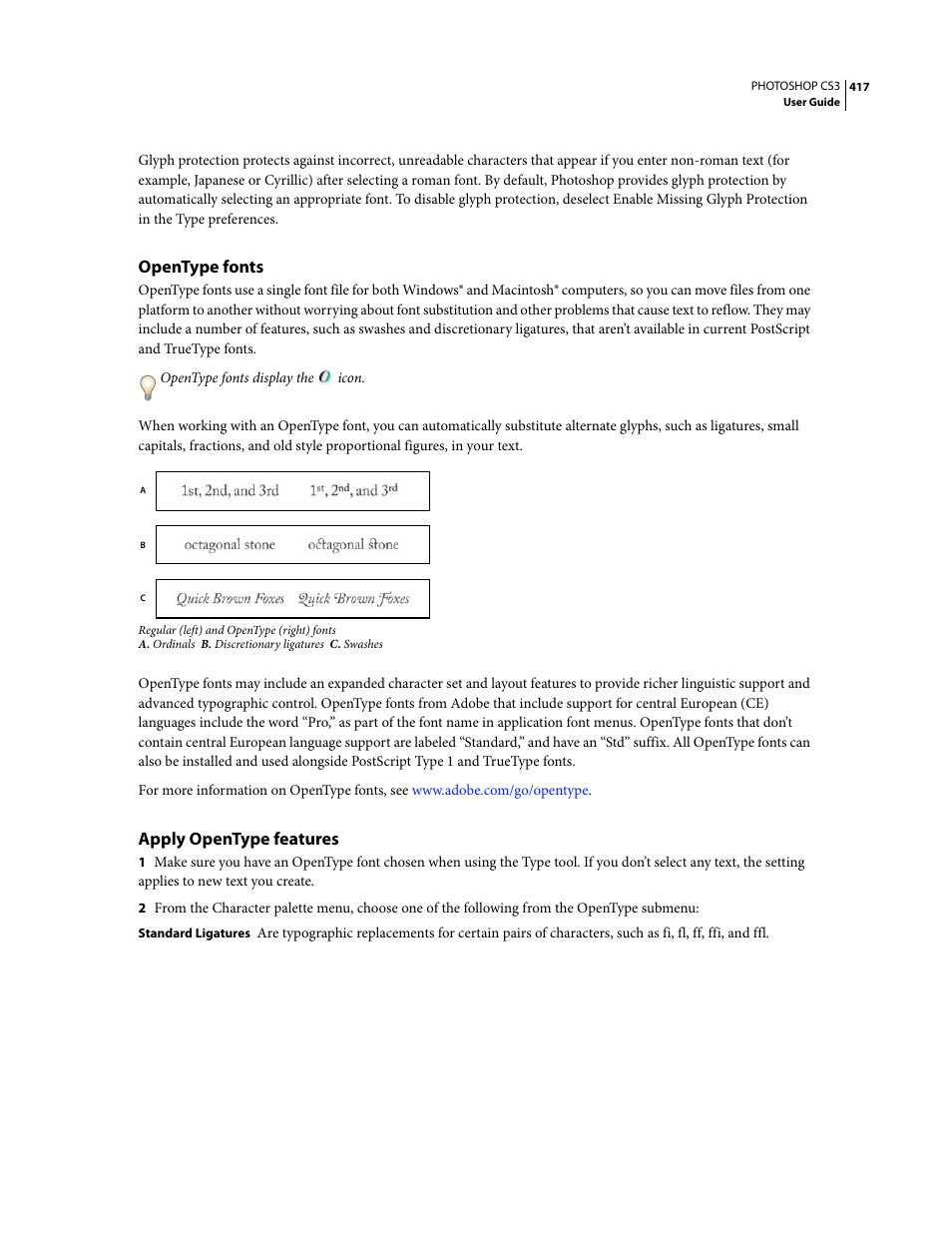 Opentype fonts, Apply opentype features | Adobe Photoshop CS3 User Manual | Page 424 / 681