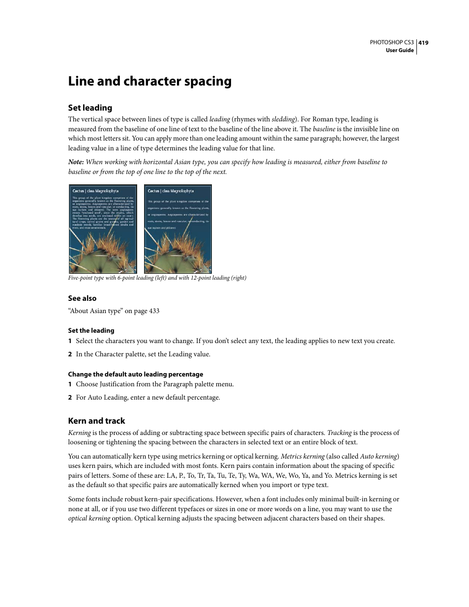 Line and character spacing, Set leading, Kern and track | Adobe Photoshop CS3 User Manual | Page 426 / 681