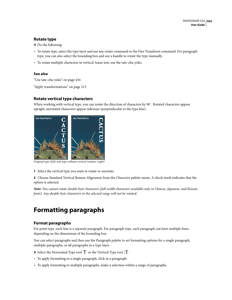 Rotate type, Rotate vertical type characters, Formatting paragraphs | Format paragraphs | Adobe Photoshop CS3 User Manual | Page 429 / 681