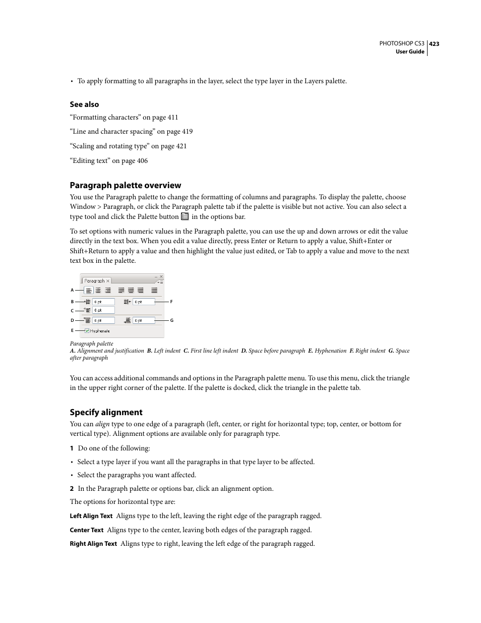 Paragraph palette overview, Specify alignment | Adobe Photoshop CS3 User Manual | Page 430 / 681