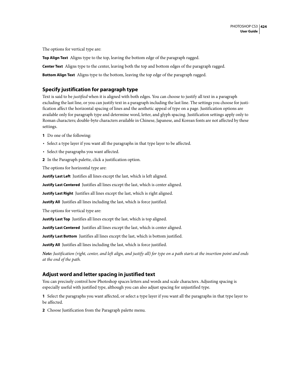 Specify justification for paragraph type, Adjust word and letter spacing in justified text | Adobe Photoshop CS3 User Manual | Page 431 / 681