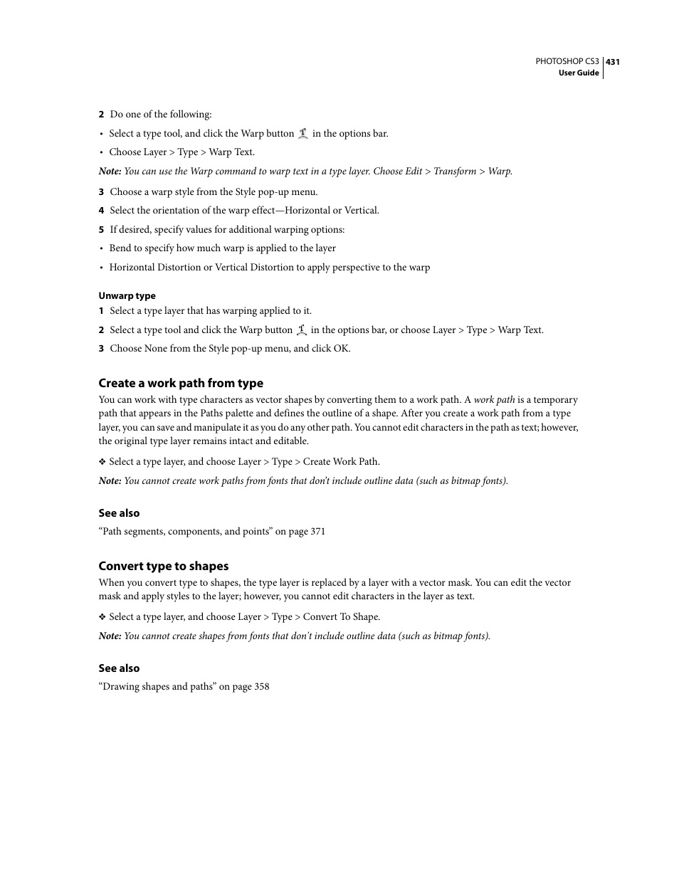 Create a work path from type, Convert type to shapes | Adobe Photoshop CS3 User Manual | Page 438 / 681