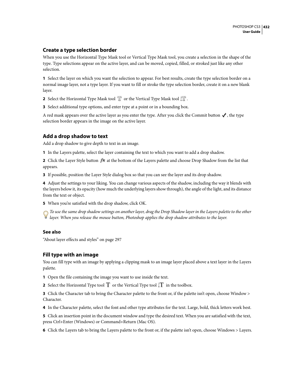 Create a type selection border, Add a drop shadow to text, Fill type with an image | Adobe Photoshop CS3 User Manual | Page 439 / 681