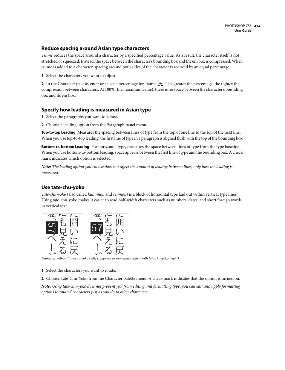 Reduce spacing around asian type characters, Specify how leading is measured in asian type, Use tate-chu-yoko | Adobe Photoshop CS3 User Manual | Page 441 / 681