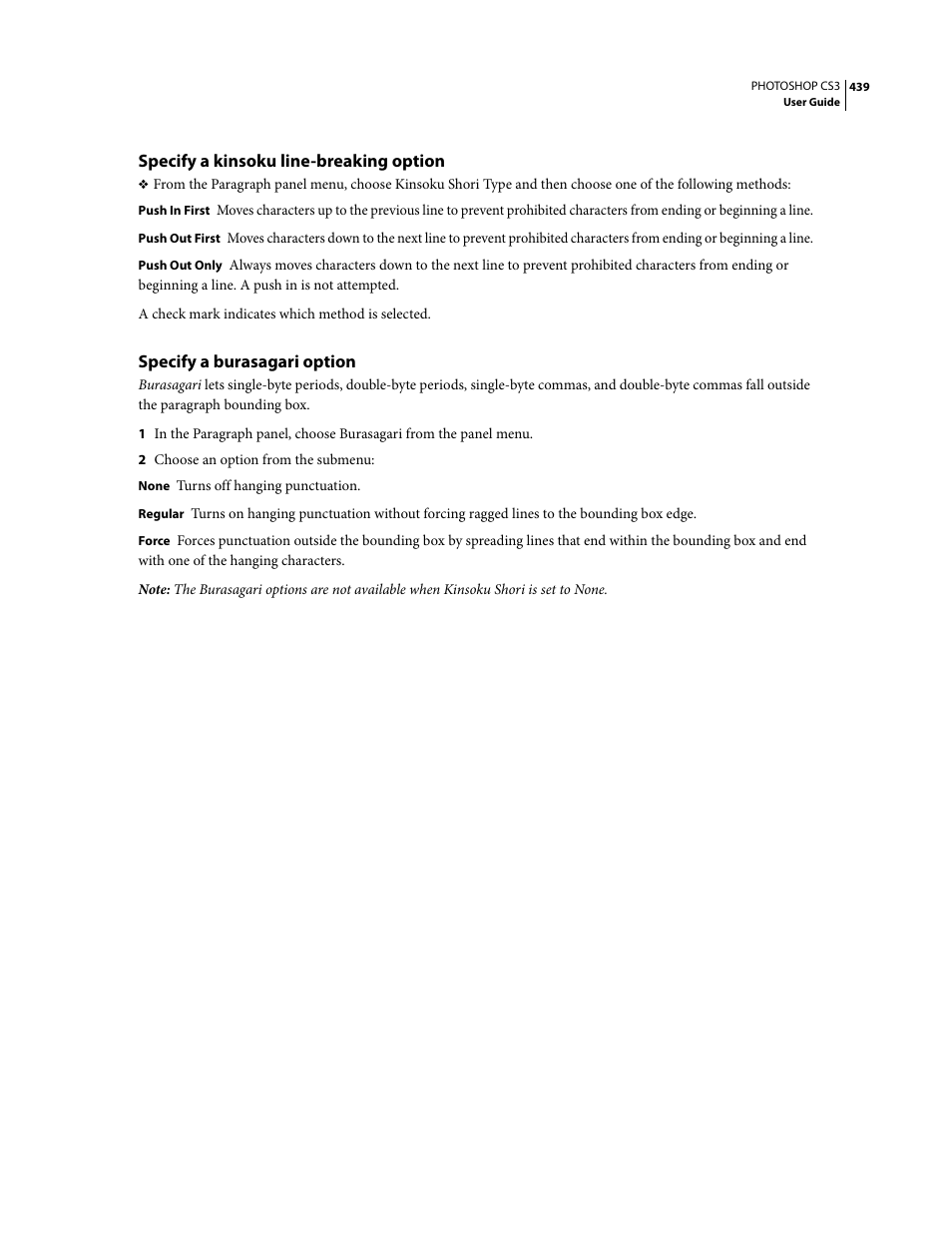 Specify a kinsoku line-breaking option, Specify a burasagari option | Adobe Photoshop CS3 User Manual | Page 446 / 681