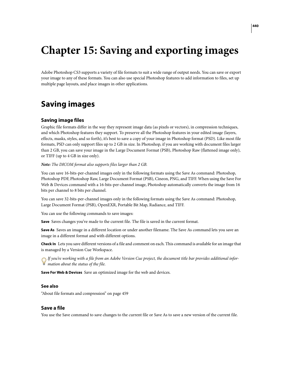 Chapter 15: saving and exporting images, Saving images, Saving image files | Save a file | Adobe Photoshop CS3 User Manual | Page 447 / 681