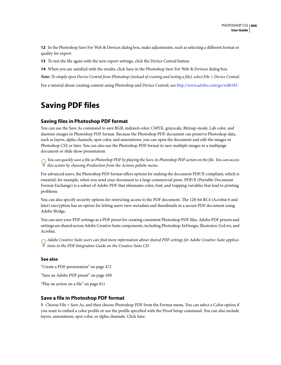 Saving pdf files, Saving files in photoshop pdf format, Save a file in photoshop pdf format | Adobe Photoshop CS3 User Manual | Page 451 / 681