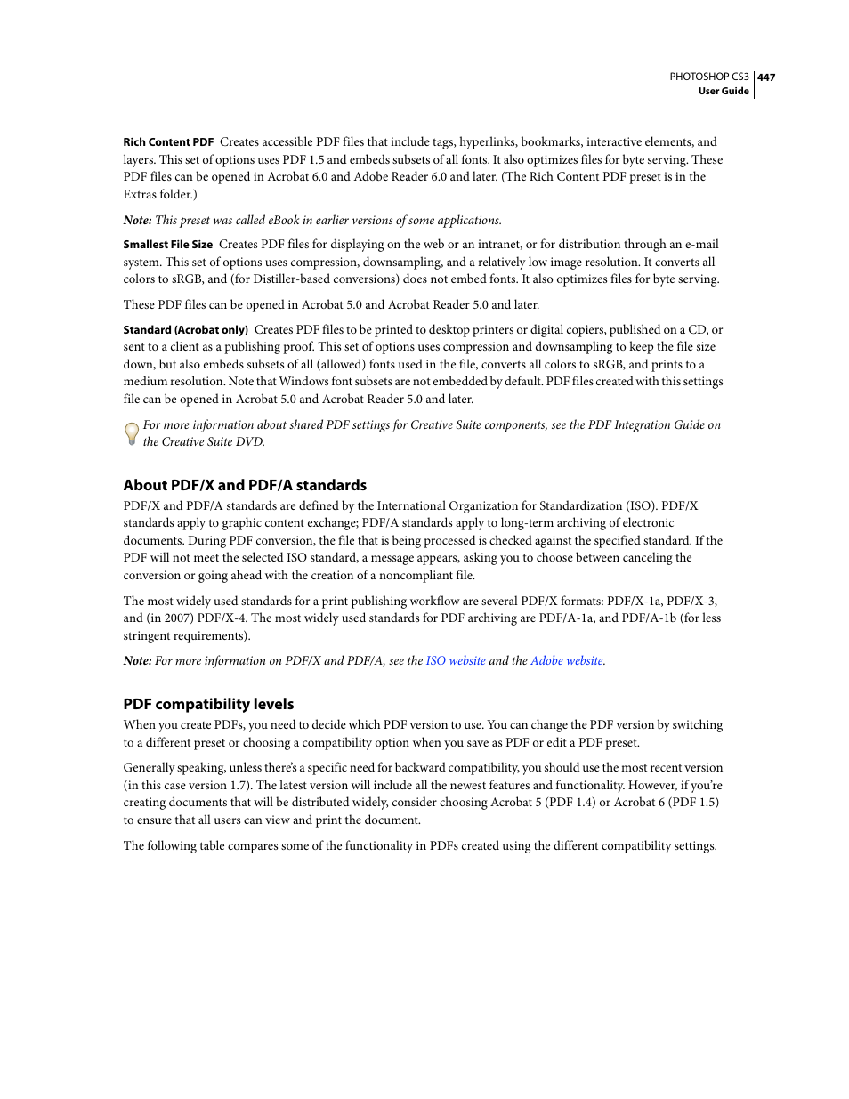 About pdf/x and pdf/a standards, Pdf compatibility levels | Adobe Photoshop CS3 User Manual | Page 454 / 681
