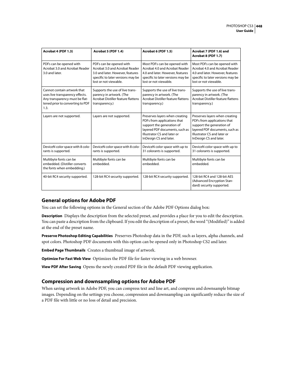 General options for adobe pdf, Compression and downsampling options for adobe pdf | Adobe Photoshop CS3 User Manual | Page 455 / 681