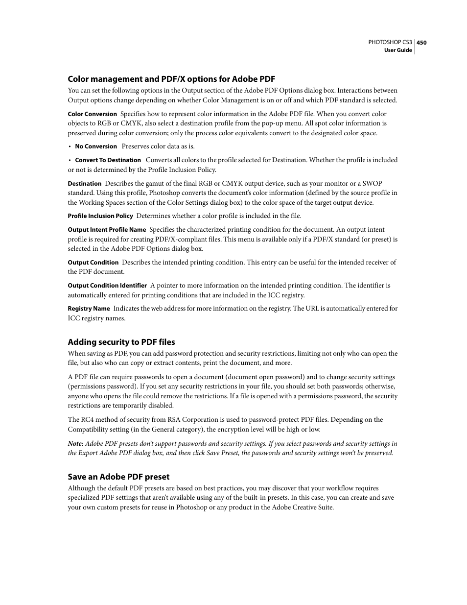 Color management and pdf/x options for adobe pdf, Adding security to pdf files, Save an adobe pdf preset | Adobe Photoshop CS3 User Manual | Page 457 / 681