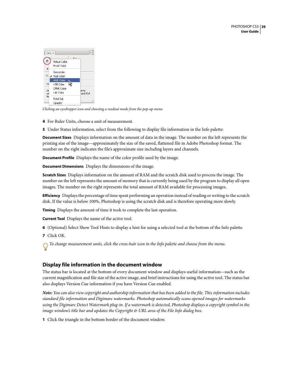 Display file information in the document window | Adobe Photoshop CS3 User Manual | Page 46 / 681