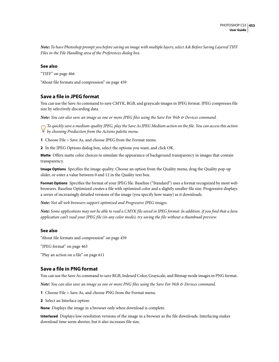 Save a file in jpeg format, Save a file in png format | Adobe Photoshop CS3 User Manual | Page 460 / 681