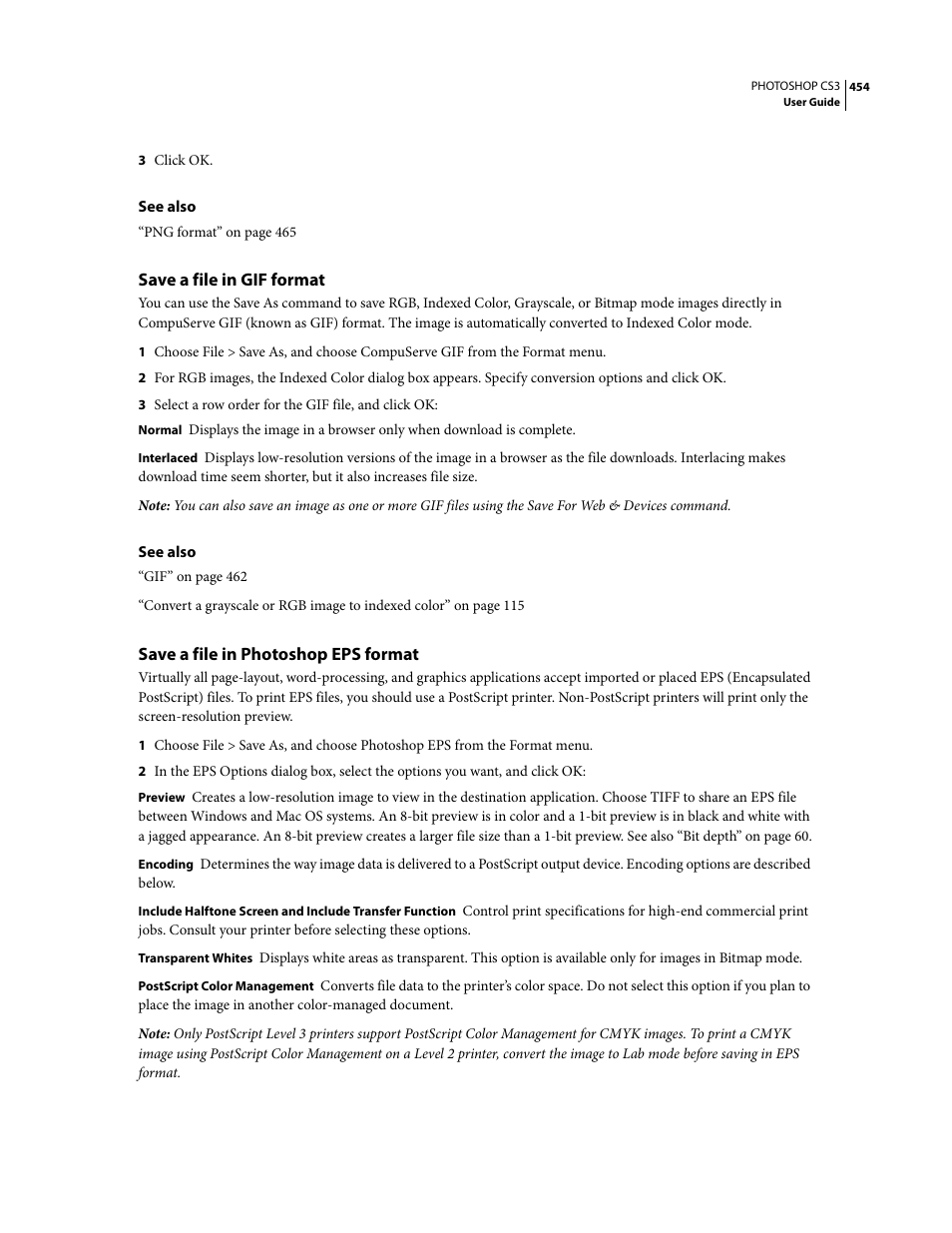 Save a file in gif format, Save a file in photoshop eps format | Adobe Photoshop CS3 User Manual | Page 461 / 681