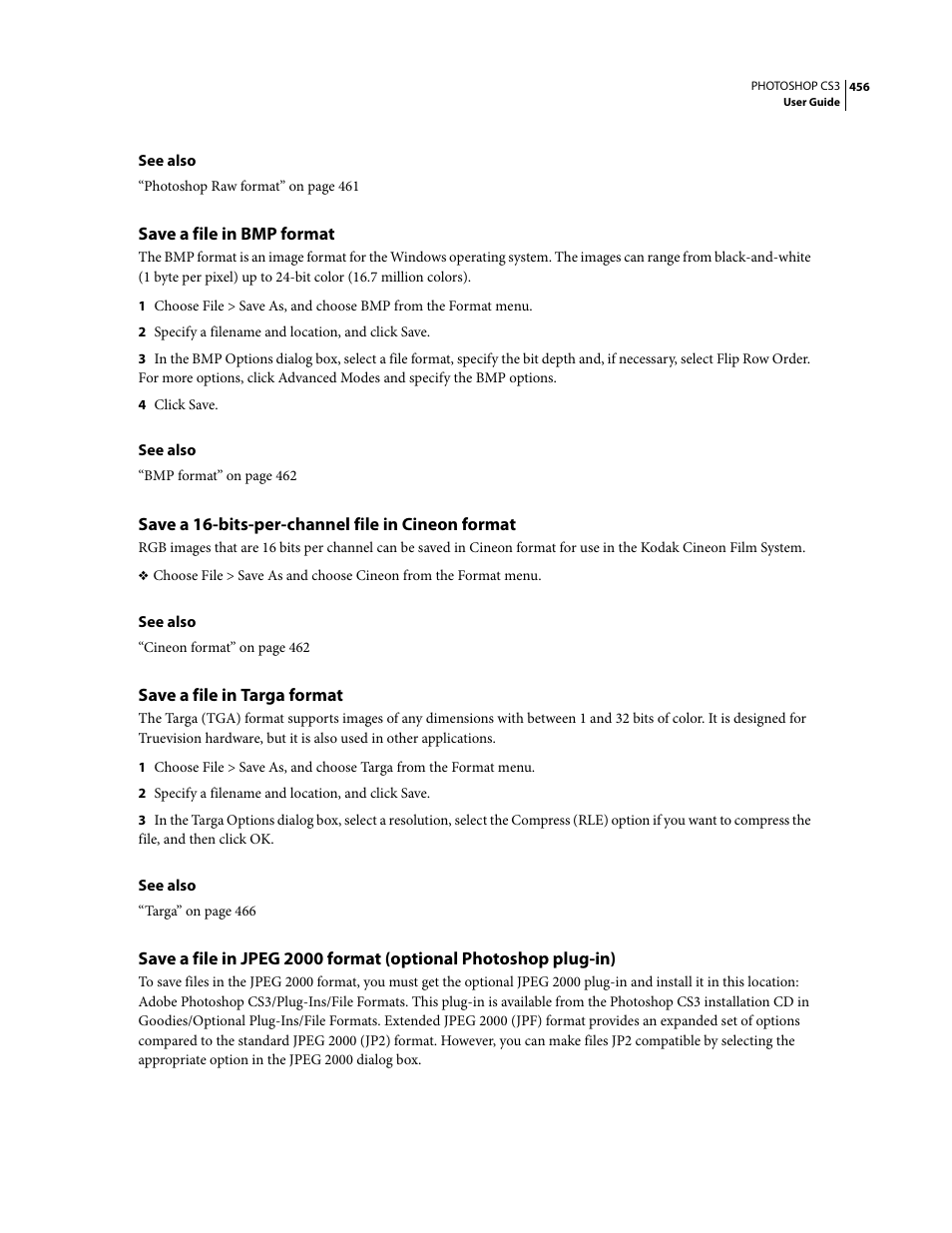 Save a file in bmp format, Save a 16-bits-per-channel file in cineon format, Save a file in targa format | Adobe Photoshop CS3 User Manual | Page 463 / 681