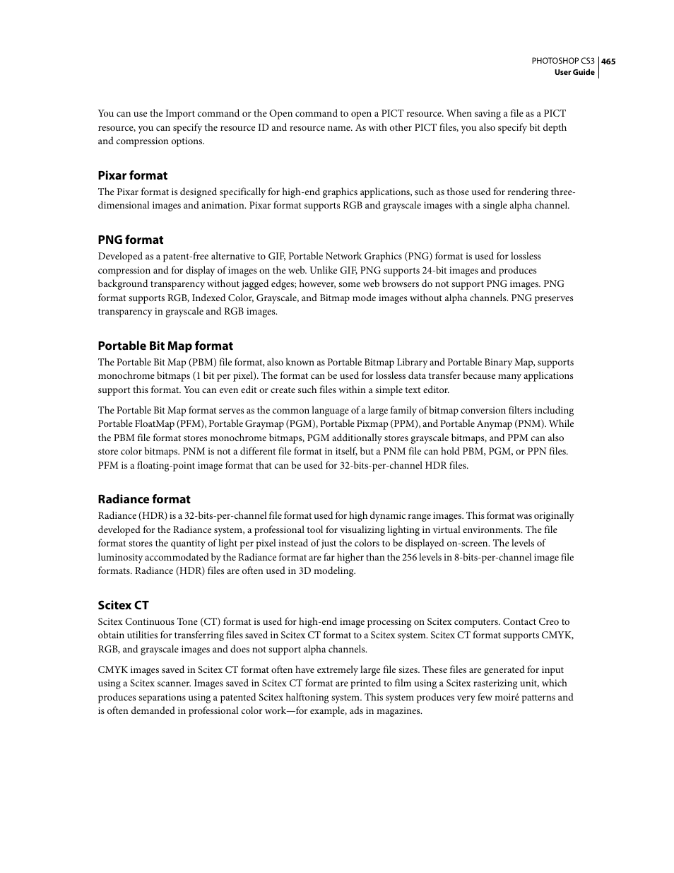 Pixar format, Png format, Portable bit map format | Radiance format, Scitex ct | Adobe Photoshop CS3 User Manual | Page 472 / 681