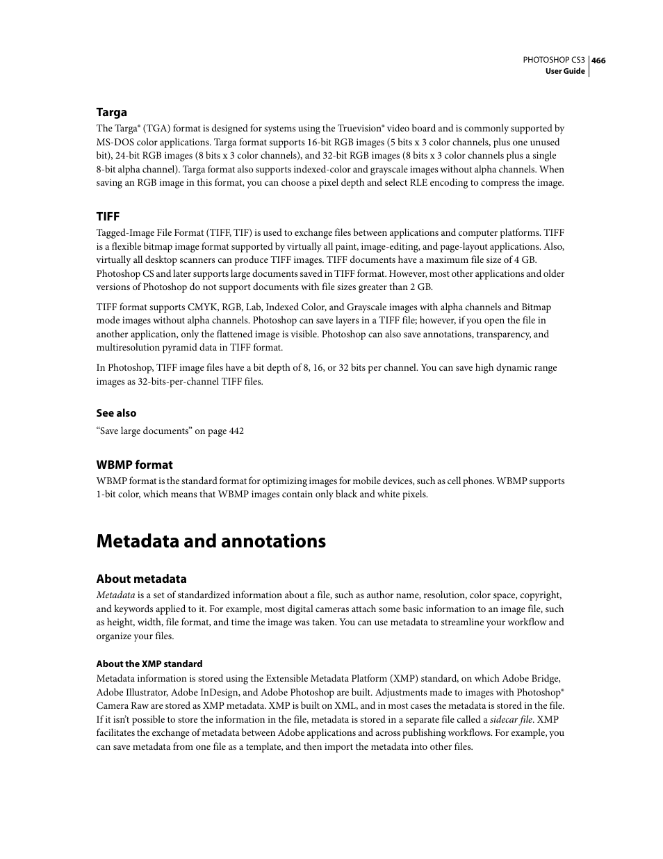 Targa, Tiff, Wbmp format | Metadata and annotations, About metadata | Adobe Photoshop CS3 User Manual | Page 473 / 681