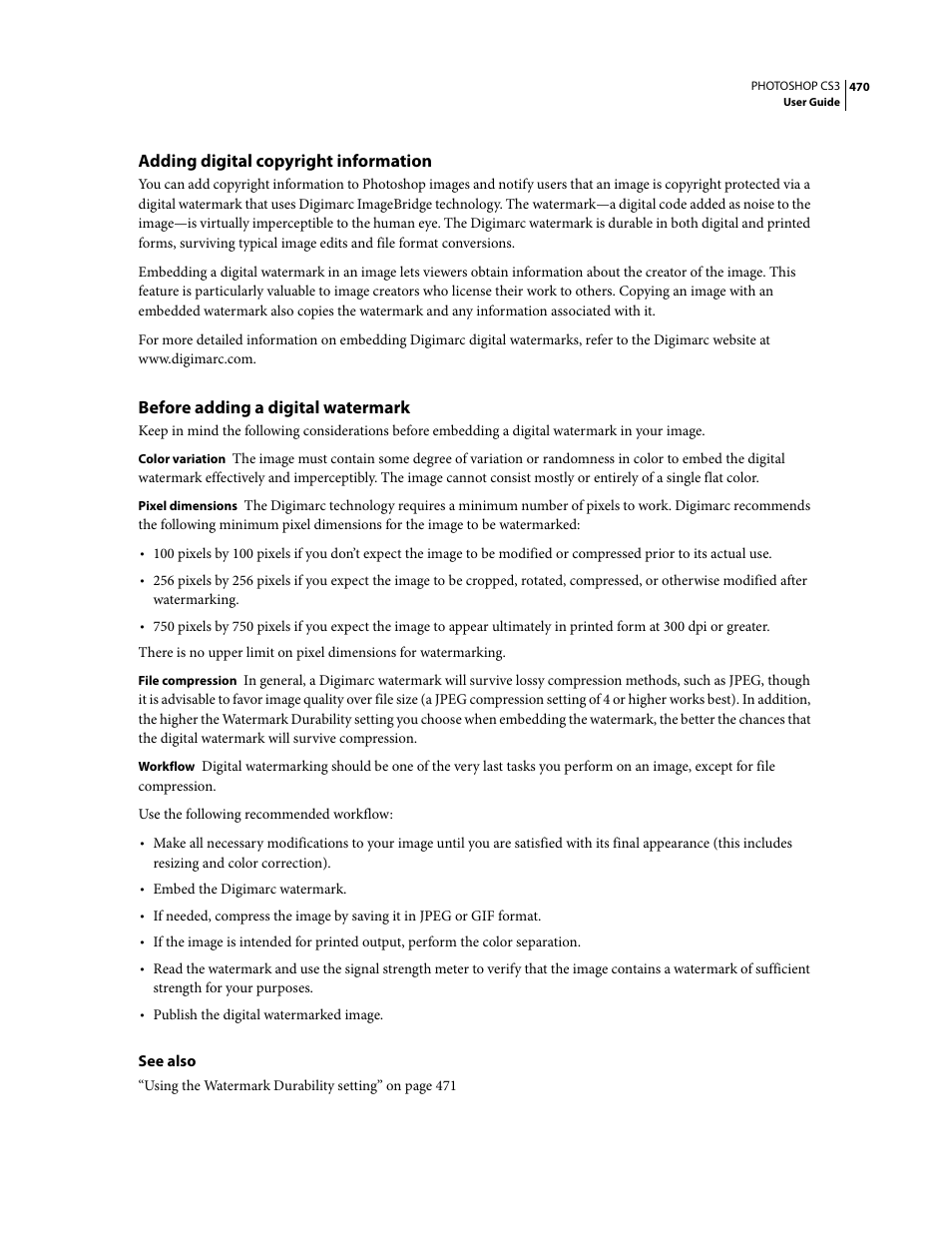 Adding digital copyright information, Before adding a digital watermark | Adobe Photoshop CS3 User Manual | Page 477 / 681