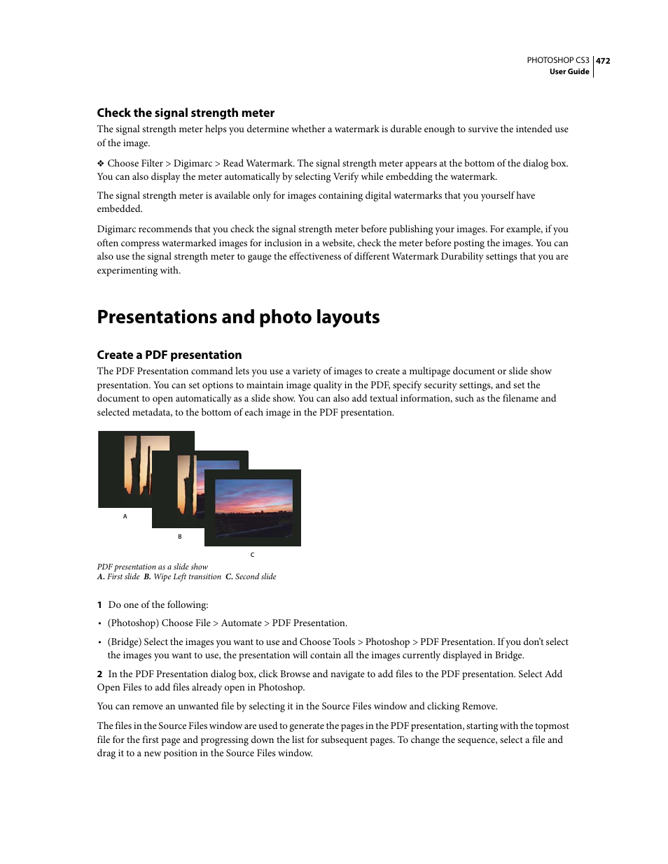 Check the signal strength meter, Presentations and photo layouts, Create a pdf presentation | Adobe Photoshop CS3 User Manual | Page 479 / 681