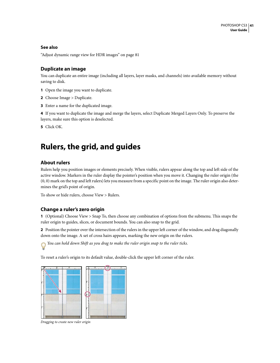 Duplicate an image, Rulers, the grid, and guides, About rulers | Change a ruler’s zero origin | Adobe Photoshop CS3 User Manual | Page 48 / 681